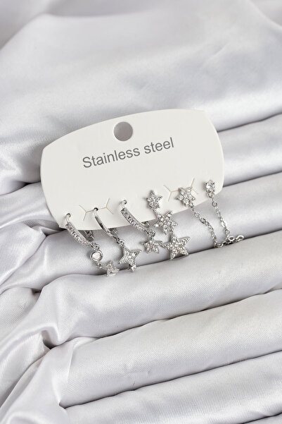 Skygo 316L Steel Silver Color Zircon Stone Star Detailed Chain Model Women's ...