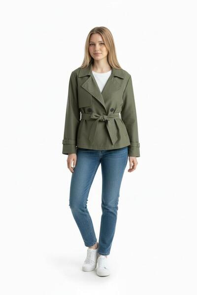 Raneel Kazançlı Alışveriş Lined women's short belted trench coat khaki