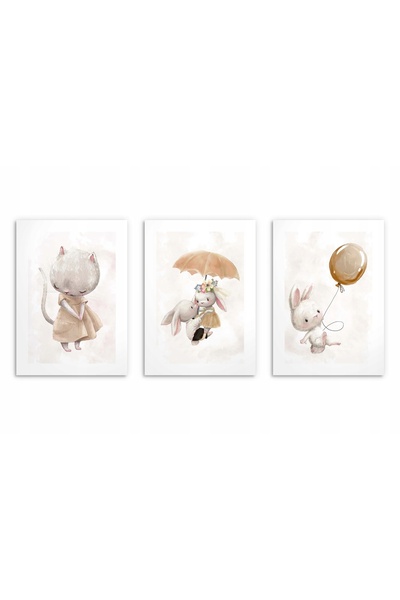 Naklejkomania Set 3 postere pentru camera copilului, Iepurasi bej 50x70cm