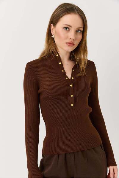 Raneel Kazançlı Alışveriş Women's Brown Stand Collar Snap Fastener Soft Textu...