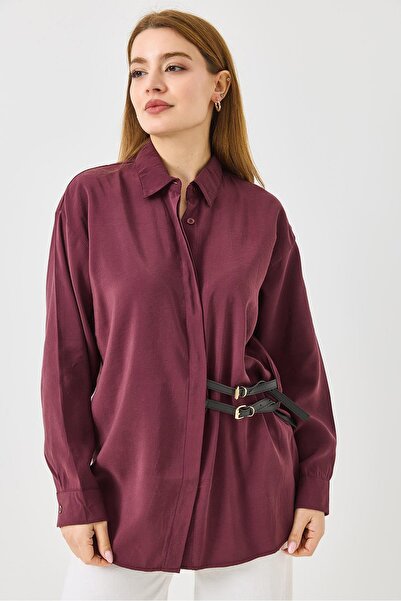 Raneel Kazançlı Alışveriş Women's Stylish Shirt with Self-Belt Burgundy