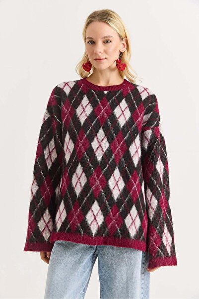Raneel Kazançlı Alışveriş Women's Diamond Pattern Feathered Oversize Sweater ...