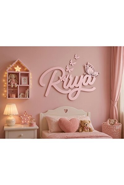 Runc Design Kişiye Özel İsimli Ahşap Duvar Dekorasyonu - Kelebek Detaylı Çocu...