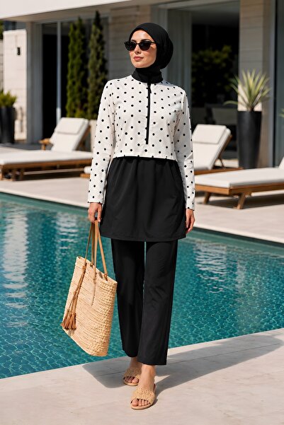 İmajButik Ecru Waterproof Polka Dot Hijab 3-Piece Swimsuit Set