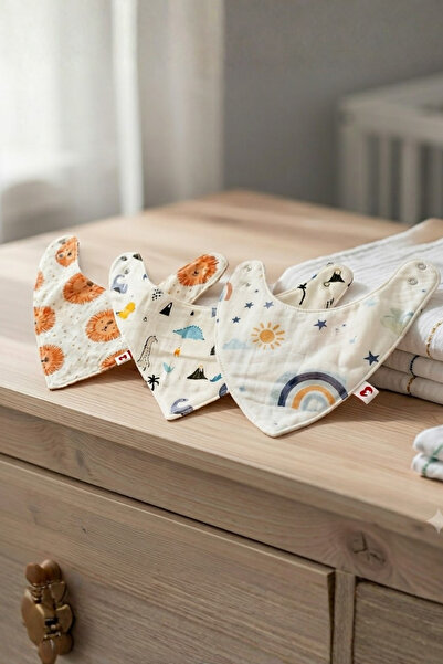 Reyo Beberotti 3-Piece Muslin Baby Bib Scarf Set - Lion, Dinosaur and Sun, 10...