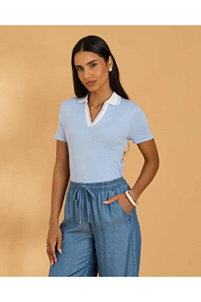 REDTAG Women Blue Ribbed Polo T Shirt