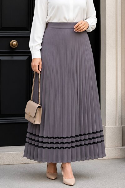 İmajButik Smoked Elastic Waist Striped Pleated Skirt