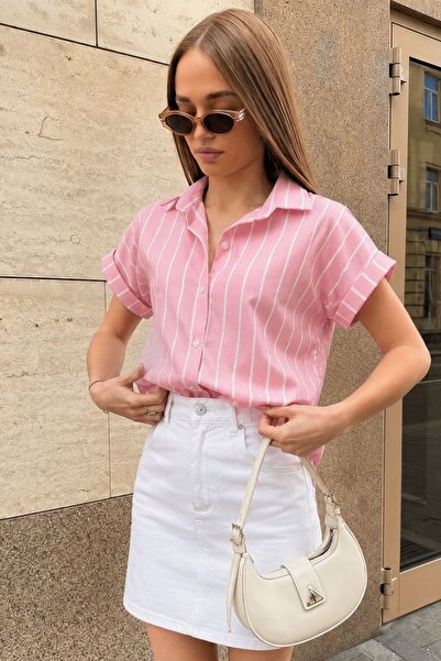 armonika Women's Dusty Pink Striped Short Sleeve Shirt Arm-19Y001067