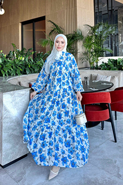 İmajButik Blue Half Buttoned Elastic Sleeve Dress