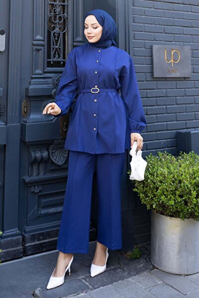 Missvalle Button Detailed Belted Suit Indigo 19296