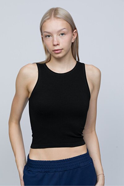 OBJE Women's Black Ribbed Zero Sleeve Crop Tank Top