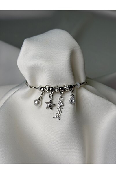 NB STEELORA Silver Color Women's Bracelet with Starfish Pearl and Fishbone Ch...