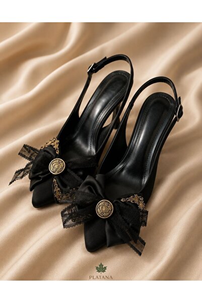 Platana Black Satin Bow Detail with Gold Accessories Thin Heeled Evening Dres...