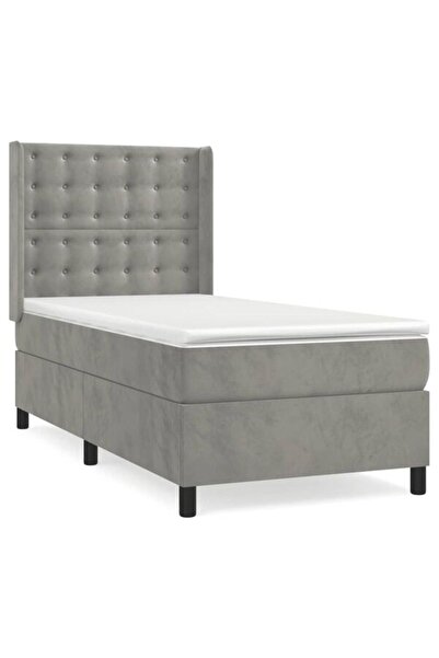 vidaxl Pat boxspring cu saltea, gri deschis, 90 x 200 cm, catifea