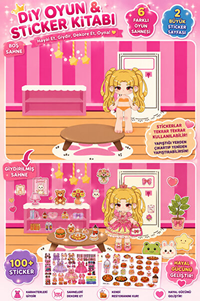 renkli izler atölyesi Girl Dress up Sticker Book |   6 Scenes 100+ Stickers R...