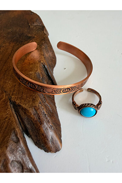 Rupen Kraft Natural Turquoise Stone 100% Pure Copper Bracelet and Ring Combin...
