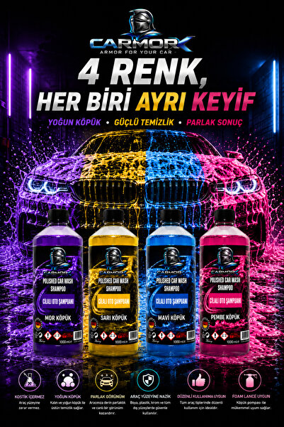 CARMORX 4'lü Cilalı Oto Şampuan Seti 4 x 1 L Mor Sarı Mavi Pembe Köpük Yoğun ...