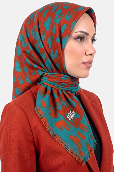 hadiora Women's Red Green Brush Patterned Flared Twill Scarf