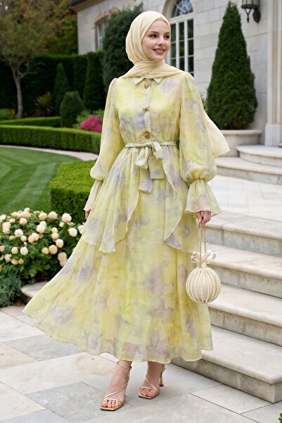 InStyle Soft Patterned Gold Buckle Yellow Dress