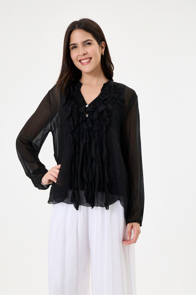 della moor Black Italian Ruffle Front Collar Buttoned Lined Silk Blouse 38 - ...