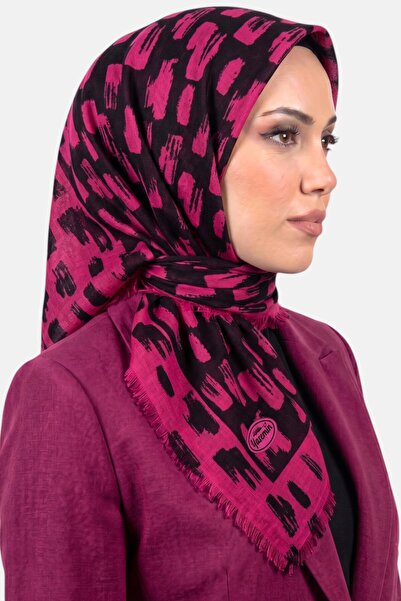 hadiora وشاح نسائي أسود من قماش الفوشيا المزخرف بالفرشاة