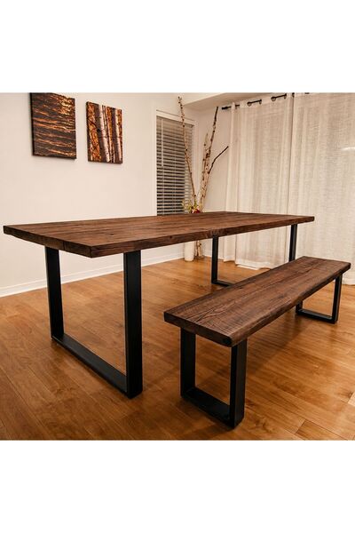 NATUREE AHŞAP 70 x 160 Ahşap Kütük Yemek Banklı Masa 30 x 140 Bank Metal Ayak...
