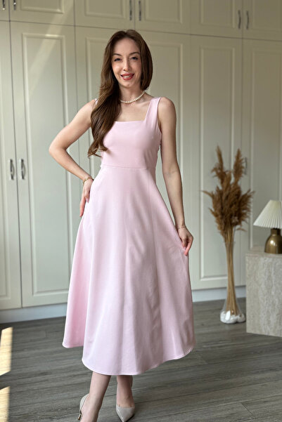 Dilay Gökoğlu Butik Elegant Square Neck Midi Flared Dress with Straps