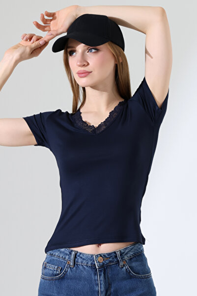 ModaPlaza Women's V-Neck Collar Lace Short Sleeve Badi 22268