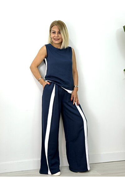 SİSTA MODA 667 Md Cotton Suit with Striped Detail Blouse and Wide-Legged Trou...