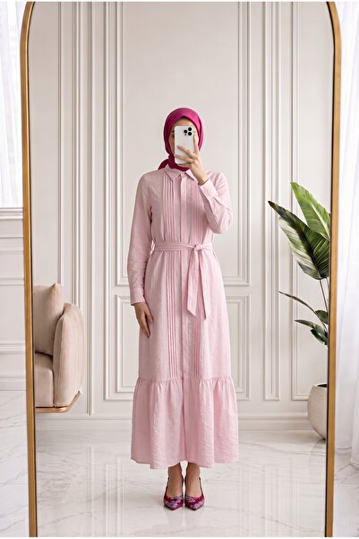 MİHRA STORE Azende Front Pleated Sleeve End Double Buttoned Dress-Pa9882 Pink