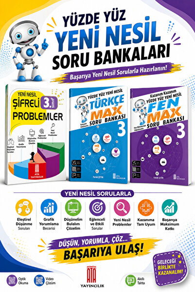 Ata Yayıncılık 3.Sınıf Yeni Nesil Şifreli Problemler + Türkçe - Fen Max