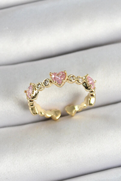 ALKASAZ Brass Row Heart Figured Zircon Stone Gold Color Adjustable Women's Ring