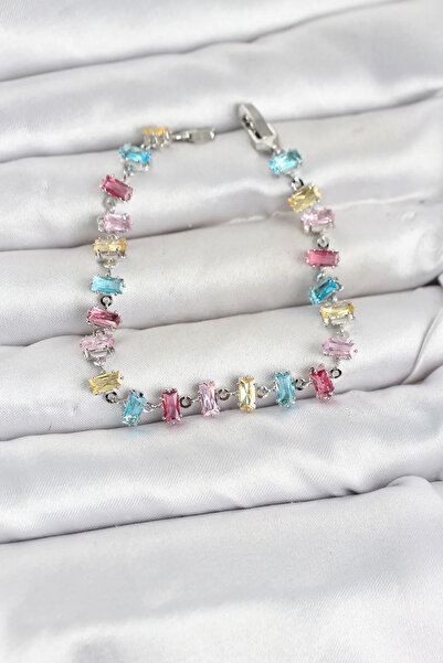 ALKASAZ Crystal Stone Baguette Cut Mixed Color Silver Color Gema Women's Brac...