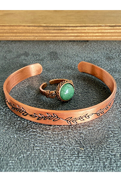 Rupen Kraft Handcrafted copper bracelet and natural stone ring set, adjustabl...