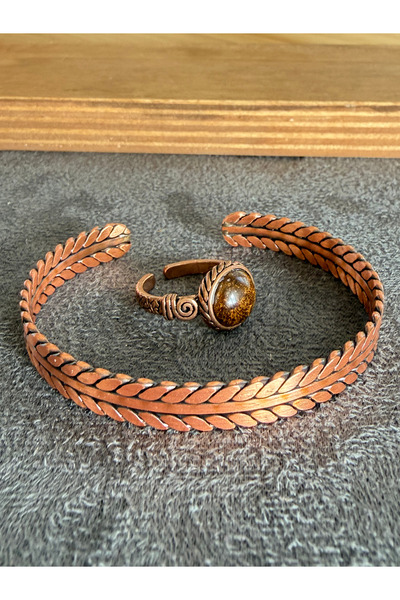 Rupen Kraft Handcrafted copper bracelet and natural stone ring set, adjustabl...