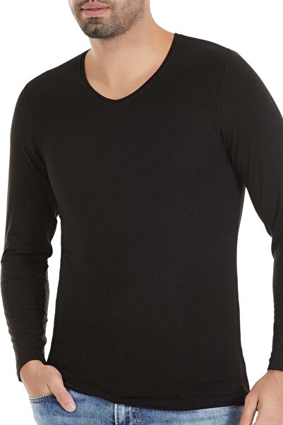 YILDIZ Bamboo V-Neck Men's Long Sleeve T-Shirt Black