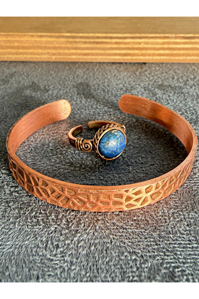 Rupen Kraft Handcrafted copper bracelet and natural stone ring set, adjustabl...