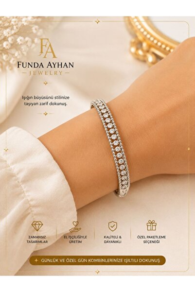 FTA TİCARET Funda AYHAN Jewelry Taş Detaylı Gümüş Renk Kelepçe Bileklik