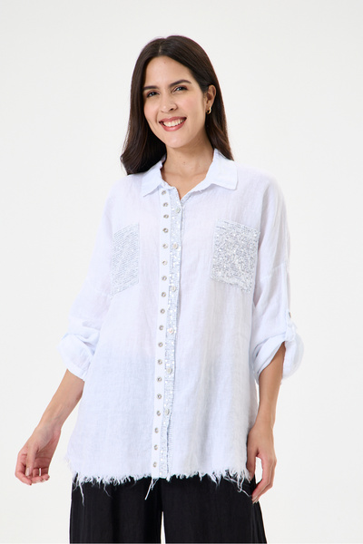 della moor Women's White Italian 100% Linen Sequined Ring Stripe Oversize Lin...