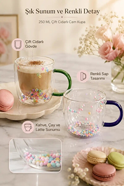 Ercazzo 2'li Çift Cidarlı Cam Bardak 250 ml | Renkli Saplı Kahve, Latte ve Çay Bardağı | Isıya Dayanıklı Şeffaf Cam Kupa