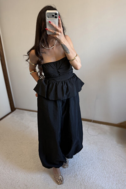 MoyStore Black Parachute Fabric Strapless Top and Bottom Set