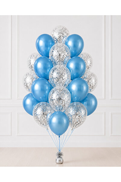 Balonsan Chrome Blue Transparent Silver Sequin Themed Balloon Bundle 20 Pieces