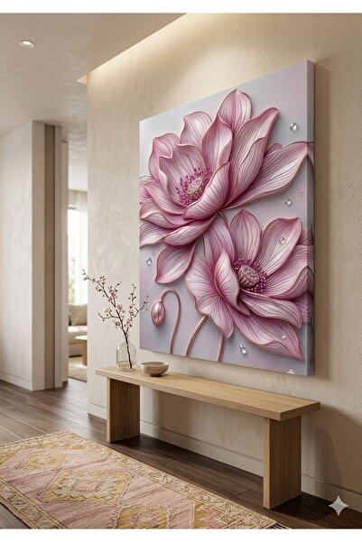 zeyrada Premium 3D Efektli Özel Tasarım Pembe Lotus Çiçeği Kanvas Tablo Ev Of...