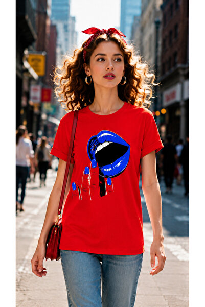 VODEXA Women's Oversize T-Shirt Blue Lip Printed 100% Cotton T-Shirt Comforta...