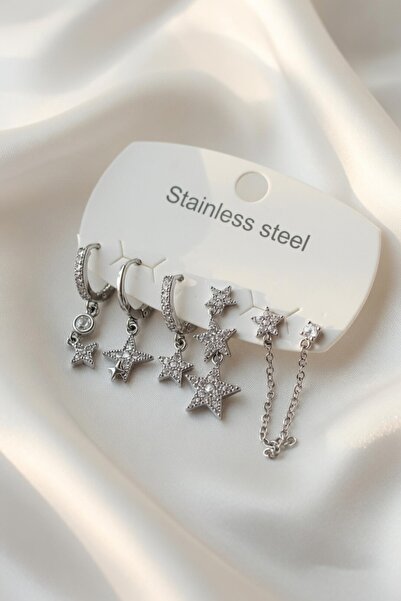 Jadem Gold 316L Steel Zircon Stone Star Detailed Chain Model Women's Earring Set
