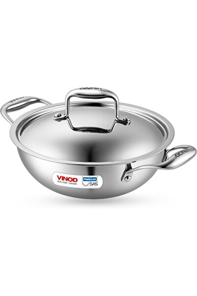 Vinod Platinum Triply Stainless Steel Kadai with Lid- 24 cm, 2.5 L (Induction...