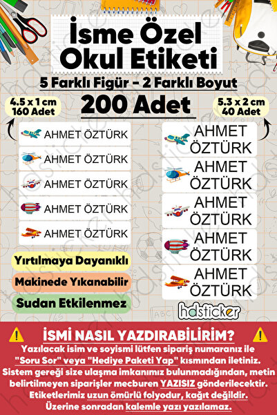hdsticker 200 Adet Uçak Desenli İsme Özel Okul Etiketi Kişiye Özel İsim Baskı...