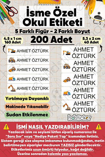 hdsticker 200 Adet İş Makineleri Desenli İsme Özel Okul Etiketi Kişiye Özel İ...