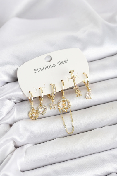 Clariss 316L Steel Gold Color Zircon Stone Chain Detailed Women's Earring Set