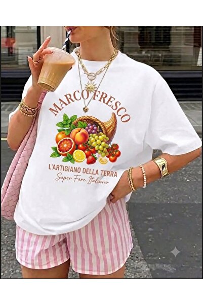 Marco Fresco Fruit Printed Crew Neck White T-Shirt
